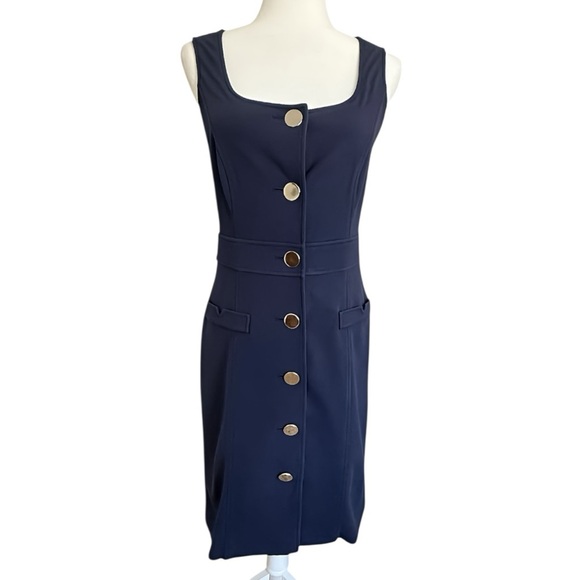 Ann Taylor Navy Blue Sleeveless Silver Button Down Dress Size 2 Straight Fit - Picture 1 of 10